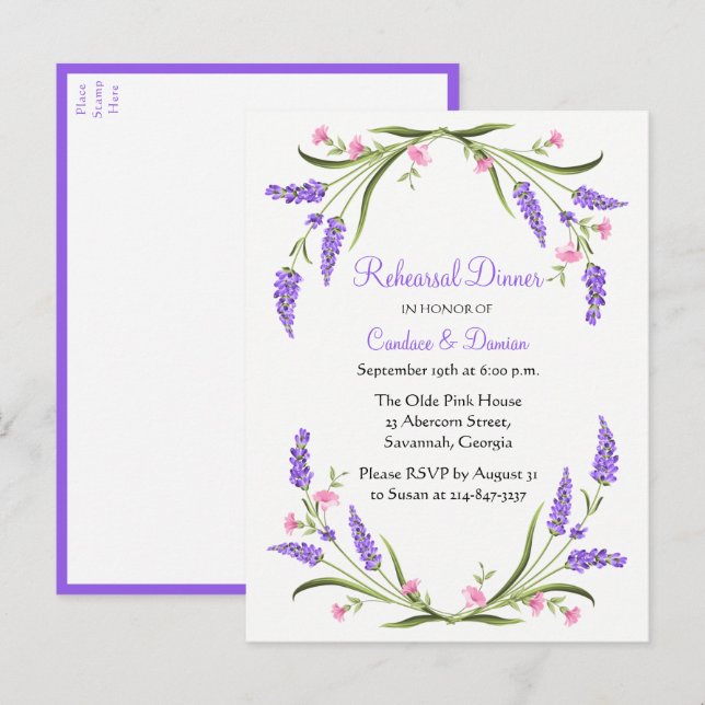 Postal De Invitación Lilacs Morado Acuarela Floral Ensayo Cena (Anverso / Reverso)