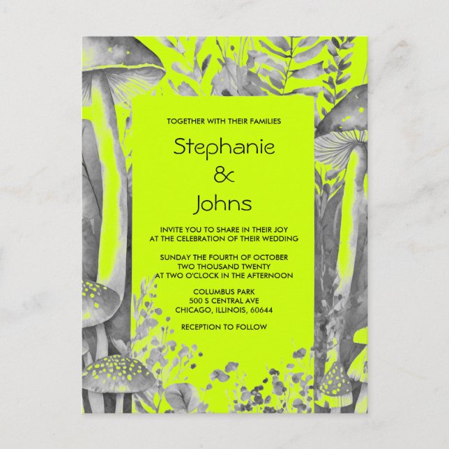 Postal De Invitación Lime Green Gray Black Woodland Mushroom Boda (Anverso)