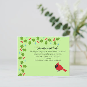 Postal De Invitación Lindo Cardenal Rojo de Dibujos Animados con Flores