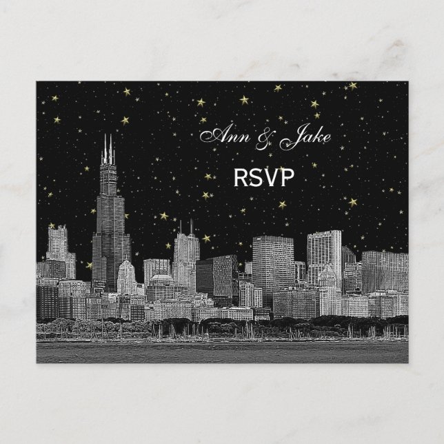 Postal De Invitación Línea Skyline de Chicago Etched Starry DIY BG RSVP (Anverso)