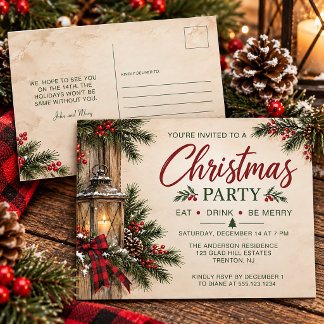Postal De Invitación Linternas Rústicas Verduras Bayas Fiesta de Navida