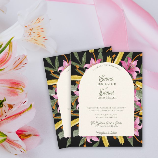 Postal De Invitación Lirio Rosa Rubor Oscuro Arqueado Boda (Dark Blush Pink Lily Arched Wedding Invitation | Botanical Floral Arch Evening Garden Wedding)