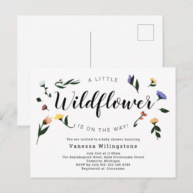 Postal De Invitación Little Wildflower on the Way Floral Baby Shower (Anverso / Reverso)