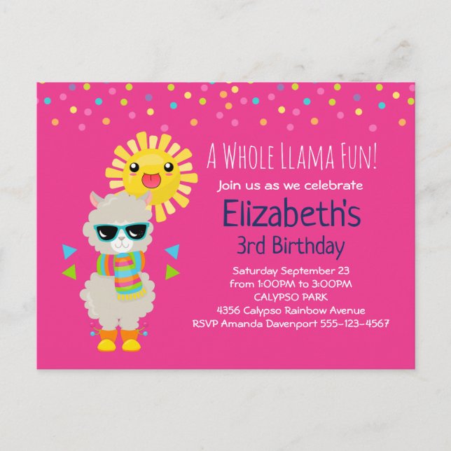 Postal De Invitación Llama Guay y cumpleaños Sun Kawaii sonriente (Anverso)