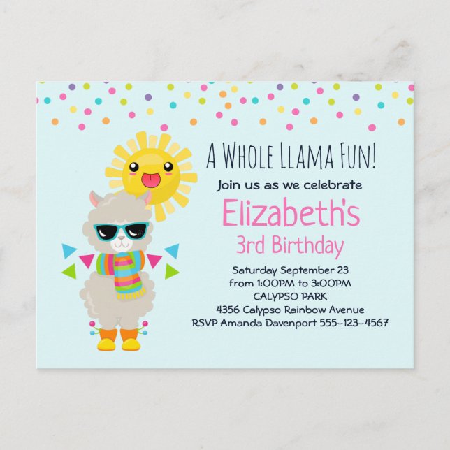 Postal De Invitación Llama Guay y cumpleaños Sun Kawaii sonriente (Anverso)