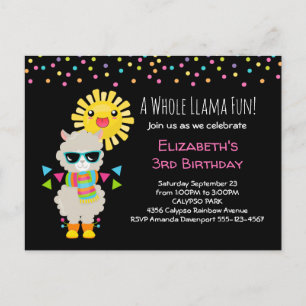 Postal De Invitación Llama Guay y cumpleaños Sun Kawaii sonriente