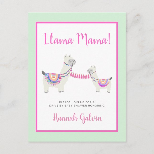 Postal De Invitación Llama Mama Hot Pink Green Drive De Baby Shower (Anverso)