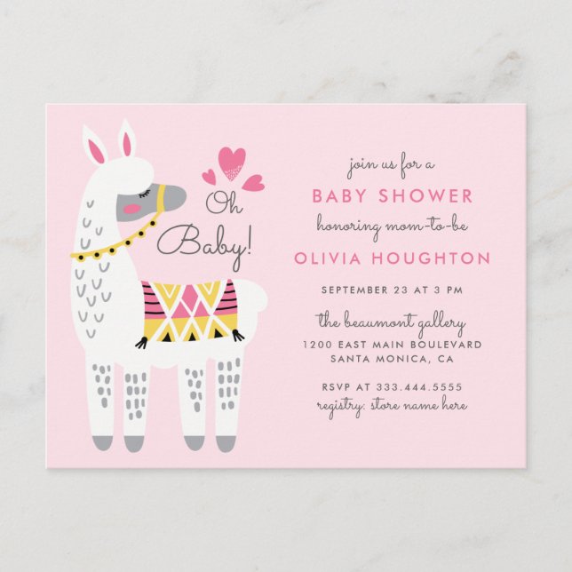 Postal De Invitación Llama rosa del Pastel caprichoso Oh Baby Shower (Anverso)
