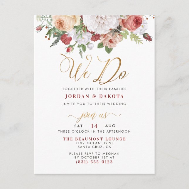 Postal De Invitación Lo hacemos | Boda de guiones de rosas y Purpurinas (Anverso)