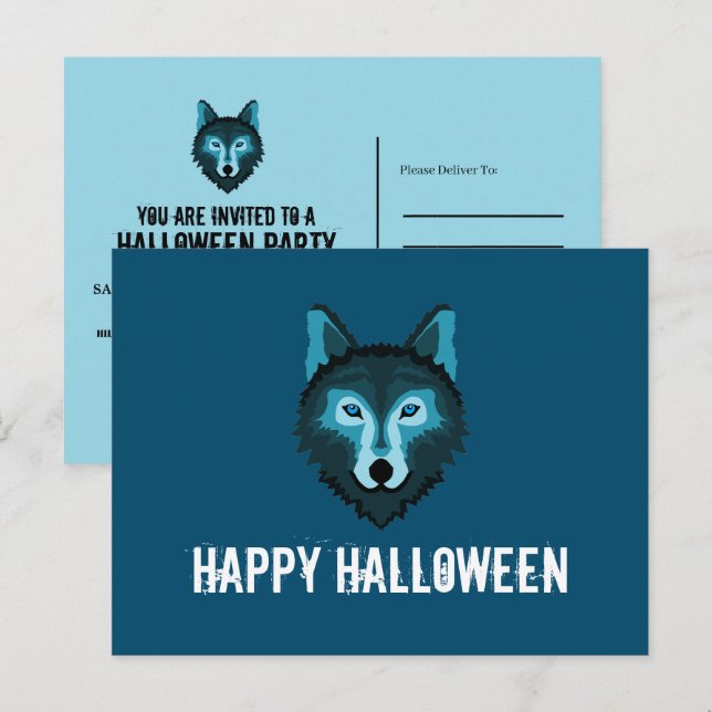 Postal De Invitación Lobo azul, fiesta de Halloween (Anverso / Reverso)