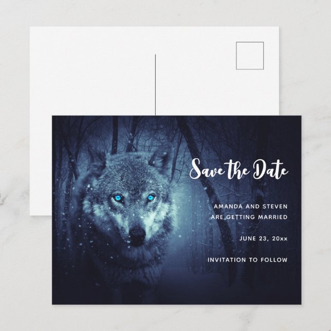 Postal De Invitación Lobo salvaje con hermosos ojos azules salva la fec (Anverso / Reverso)
