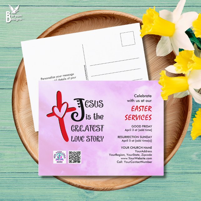 Postal De Invitación Logo QR Code JESUS GREATEST LOVE STORY Easter (Modern HEARTS AND CROSSES invitation to church Easter services, incl logo and QR code.)