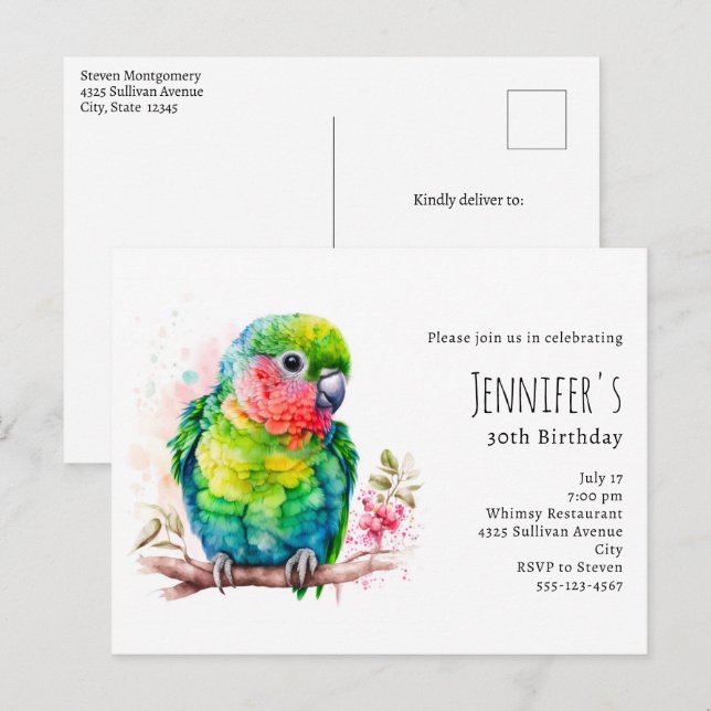 Postal De Invitación Loro verde - Ave bebé lindo Cumpleaños (Anverso / Reverso)