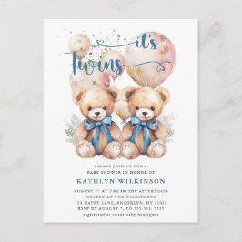 Postal De Invitación Los Globos Azules De TWINS Teddy Bears Baby Shower