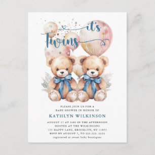 Postal De Invitación Los Globos Azules De TWINS Teddy Bears Baby Shower