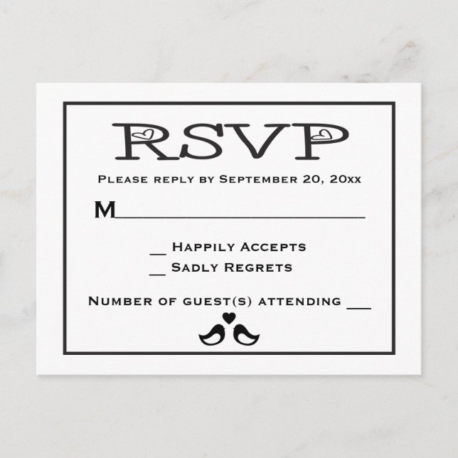 Postal De Invitación Lovebirds RSVP Boda Blanco Y Negro (Anverso)