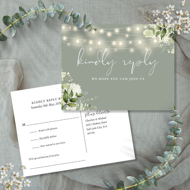 Postal De Invitación Luces de Cadenas Florales Verde Salvia Petición de (Sage Green Floral String Lights Song Request RSVP Invitation Postcard)