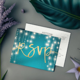 Postal De Invitación Luces de Cuerda Azul Dorado Escritura Respuesta RS