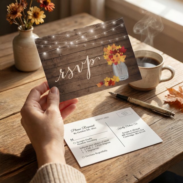 Postal De Invitación Luces de Cuerda de Tarro de Mason de Hojas de Otoñ (Subido por el creador)