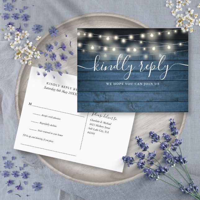 Postal De Invitación Luces de Cuerda Rústicas Azules Solicitud de Canci (Blue Rustic String Lights Song Request RSVP Invitation Postcard)