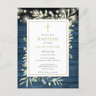 Postal De Invitación Luces de Cuerda Rústicas Azules Verde Baptismo