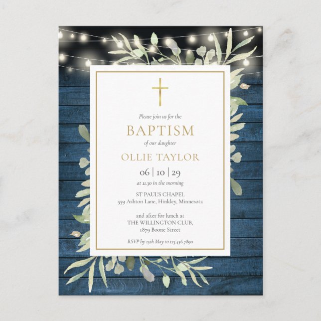 Postal De Invitación Luces de Cuerda Rústicas Azules Verde Baptismo (Anverso)