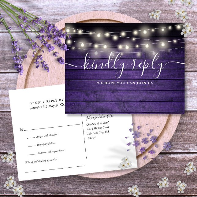 Postal De Invitación Luces de Cuerda Rústicas Moradas Solicitud de Canc (Purple Rustic String Lights Song Request RSVP Invitation Postcard)