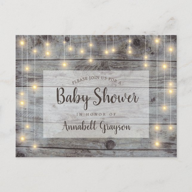 Postal De Invitación Luces de Cuerda Rústicas para Baby Shower (Anverso)