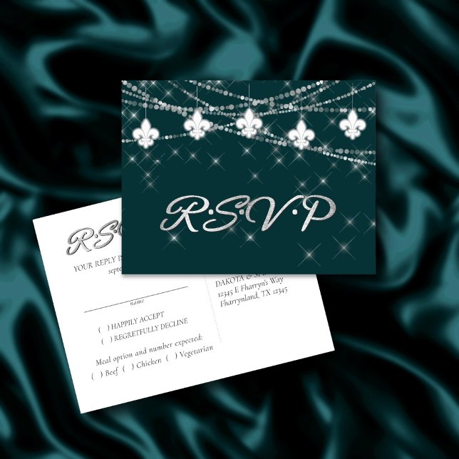 Postal De Invitación Luces de Fleur de Lis | Entree Verde azulada RSVP  (Subido por el creador)