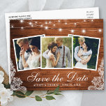 Postal De Invitación Luces De Madera Rústica Lace 3 Foto Guardar La Fec<br><div class="desc">Rustic Wood String Lights and Lace 3 Photo Save the Date Engagement Invitación Postcard</div>