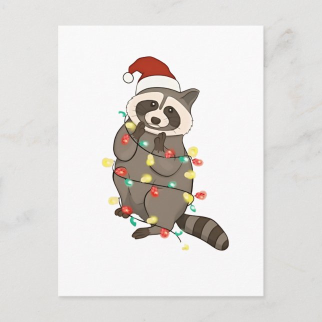 Postal De Invitación Luces Navideñas de Mapache Feliz Sombrero de Santa (Anverso)