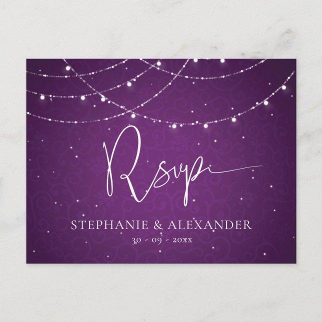 Postal De Invitación Luces Royal Purple String Wedding RSVP (Anverso)