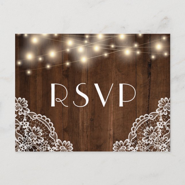 Postal De Invitación Luces y encajes de cuerda de madera rústica | Tarj (Anverso)