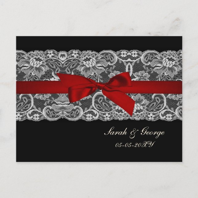 Postal De Invitación Lugar falso y rojo cinta , rsvp de boda negro (Anverso)