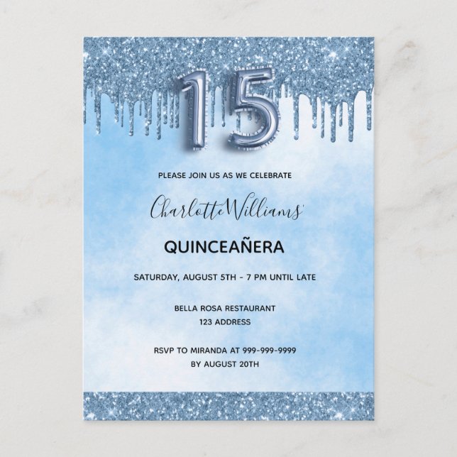 Postal De Invitación Lujoso purpurina de quinceañera azul (Anverso)