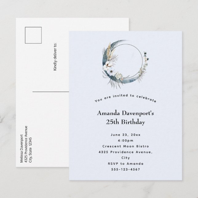 Postal De Invitación Luna de Media Luna Azul con Flores Blancas Cumplea (Anverso / Reverso)