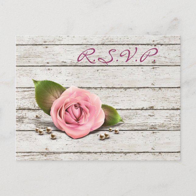 Postal De Invitación madera blanqueada rosa rosa rosa rosado matrimonio (Anverso)