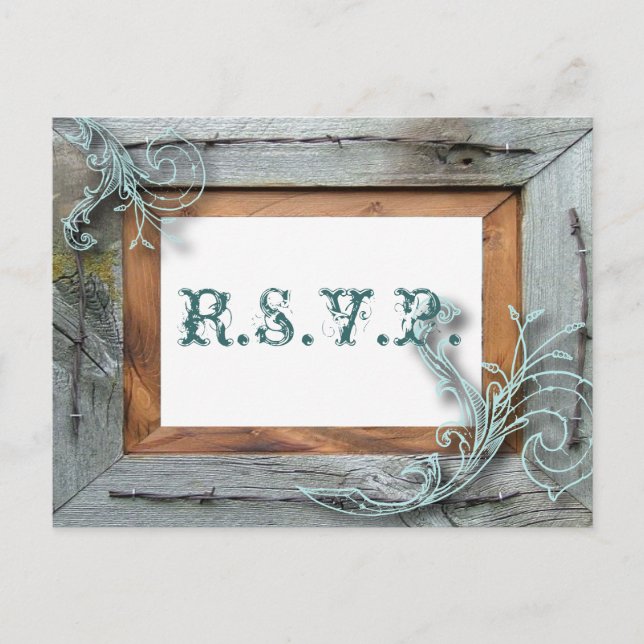 Postal De Invitación madera de grano azul rústico Country Wedding RSVP (Anverso)