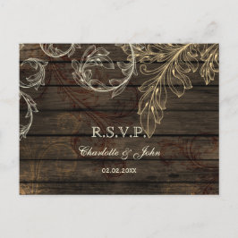Postal De Invitación Madera de grano rústico floreciente rsvp boda