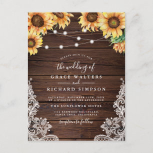 Postal De Invitación Madera elegante, girasoles, luces y Boda de encaje