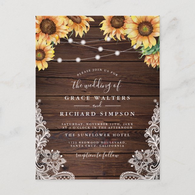 Postal De Invitación Madera elegante, girasoles, luces y Boda de encaje (Anverso)