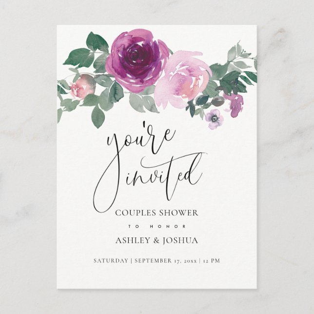 Postal De Invitación Magenta Blush Floral Ivory Couples Wedding Shower (Anverso)