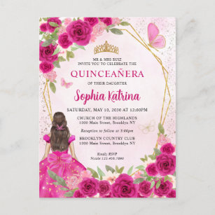 Postal De Invitación Magenta Glam Rosa Gold Floral Princesa Quinceañera