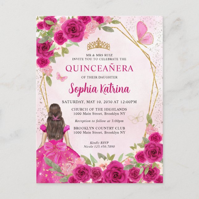 Postal De Invitación Magenta Glam Rosa Gold Floral Princesa Quinceañera (Anverso)