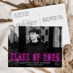 Postal De Invitación Magenta Neon Class de 2025 Photo Graduation Party