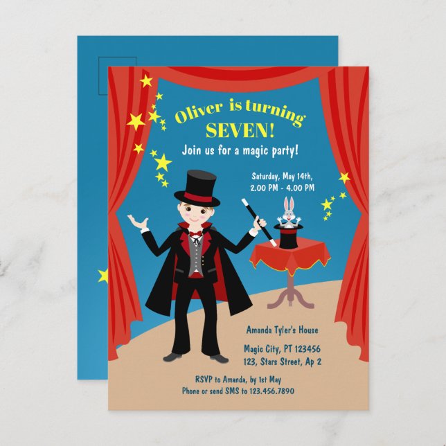 Postal De Invitación Magician Boy Show Birday Party (Anverso / Reverso)