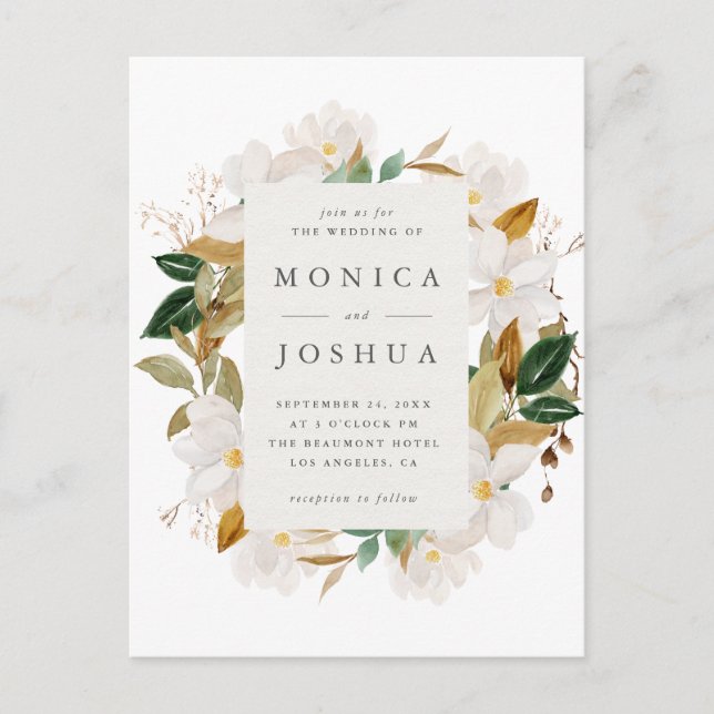 Postal De Invitación Magnolia acuarela floros y Boda de la vegetación (Anverso)