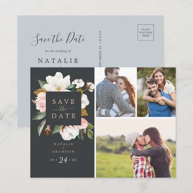 Postal De Invitación Magnolia elegante | Black 3 Photo Save the Date (Anverso / Reverso)