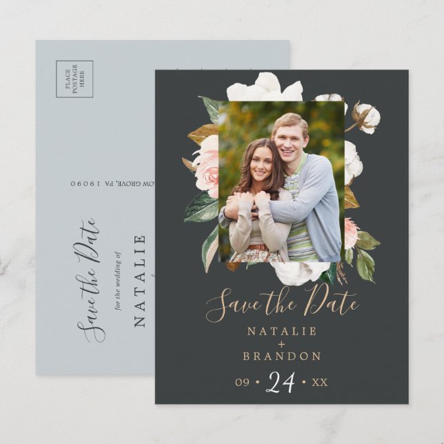 Postal De Invitación Magnolia elegante | Foto negra Guardar la fecha (Anverso / Reverso)