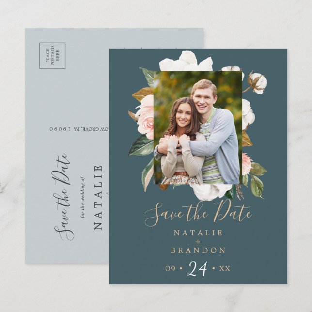 Postal De Invitación Magnolia elegante | Foto Verde azulada Guardar la  (Anverso / Reverso)